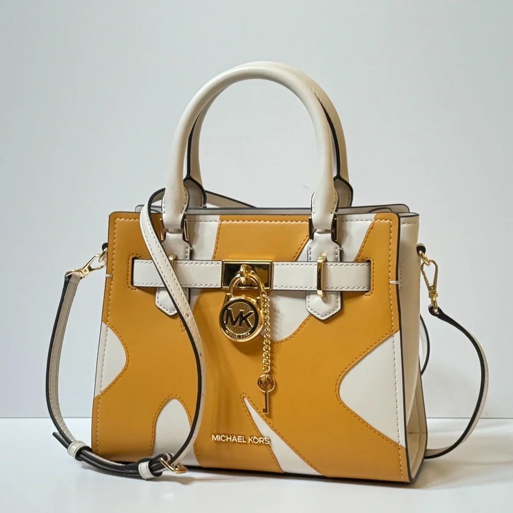 Michael Kors Hamilton Small Satchel Shoulder  Bag Graphic Logo Golden Rod Multi - Picture 4 of 15